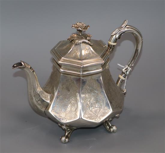 An early Victorian silver octagonal teapot by The Angells, London, 1841, gross 24 oz.